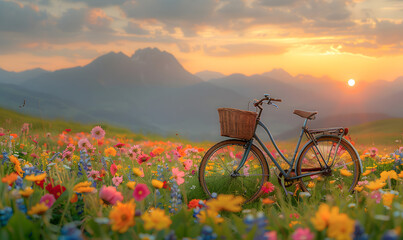 Fototapeta premium Bicycle with a wicker basket in a Beautiful spring landscape with colorful wildflowers in a green meadow, Generative AI 