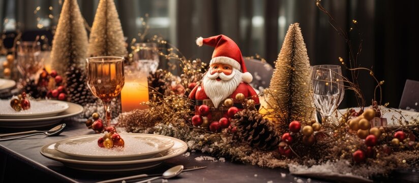 A festive Christmas table setting with Santa Claus figurine, plates, glasses, and candles. The Santa Claus wears a red hat and has a long white beard, adding to the holiday spirit