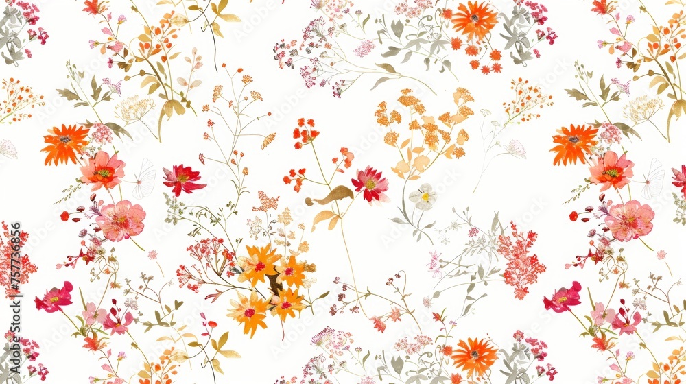 Aufkleber printed in hand drawn style on white background with retro wildflower pattern in many kinds of flora