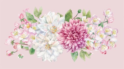 An 8 March flower greeting card with Chrysanthemums and Apple Blossoms. The modern design is styled in watercolor and has lettering.