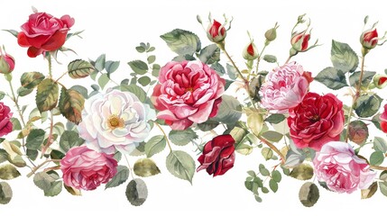 An aerial view of a bouquet of roses and spring blossoms. Horizontal border: red, mauve, pink flowers, buds, and green leaves on a white background. A watercolor style illustration of a bouquet of