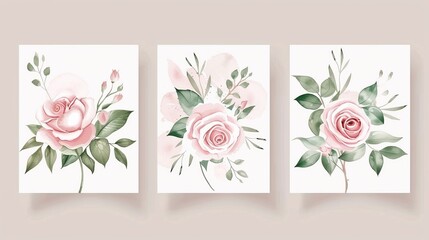 A set of cards with a rose, leaves, and wedding ornament concept. Floral poster or invite.