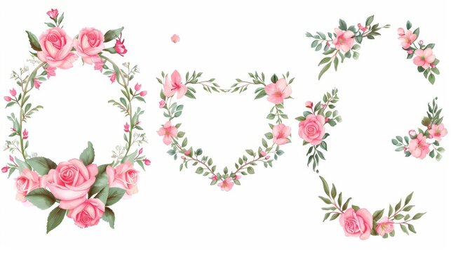 Floral branch, wreath, heart. Pink rose, leaves. A floral poster for a wedding invitation. Modern arrangements for greeting cards.