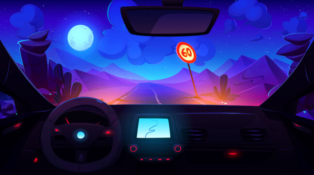 Fototapeta View from inside car through windshield on road in desert at night under full moon light. Cartoon vector driverless automobile interior with steering wheel, control dashboard with gps navigator.