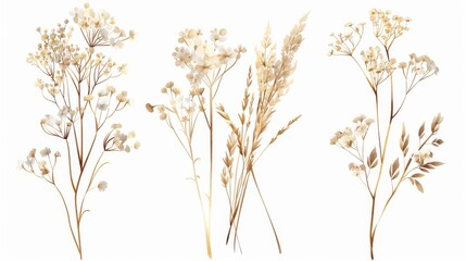 Stock modern illustration of limonium and wedding grass. A delicate, elegant floral design for an invitation. Cream color. Dry flowers with pastel colors isolated on white. - obrazy, fototapety, plakaty