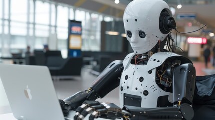 Fototapeta premium The AI robot sits at a desk, typing on a laptop on a white background. Focus on the interaction between humans and artificial intelligence technologies. Robots collaborate with human work teams