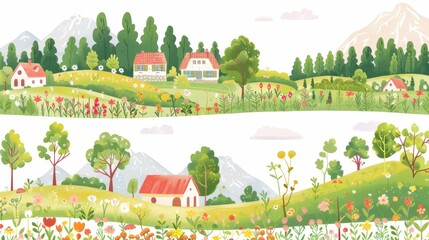 Modern illustration of trees, forest, mountains, flowers, plants, houses, fields, farms, villages. Perfect for a background, card, or cover.