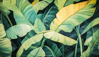 Pencil color drawing or painting of dark banana,plam leaves detail with dramatic shadow lighting.tropical botany floral wallpaper background.foliage greenery art with complex layer