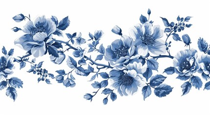 Vintage floral illustration on a blue and white greeting card. Bloom. Chinoiserie. Horizontal frame. Vintage floral illustration. - obrazy, fototapety, plakaty