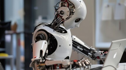 Fototapeta premium The AI robot sits at a desk, typing on a laptop on a white background. Focus on the interaction between humans and artificial intelligence technologies. Robots collaborate with human work teams
