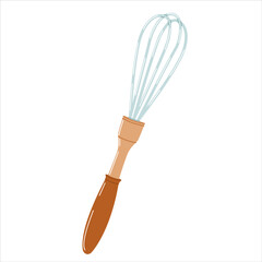 Whisk for whipping with wooden handle isolated on white background. Kitchenware flat