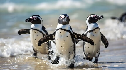Les pingouins africains sortent de l'océan sur la plage de sable. Le manchot africain (Spheniscus demersus) est également connu sous le nom de manchot jackass et de manchot à pattes noires. Colonie de - obrazy, fototapety, plakaty