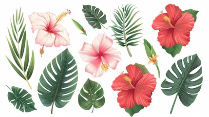 Hawaiin hibiscus and exotic aloha plants modern illustration. - obrazy, fototapety, plakaty