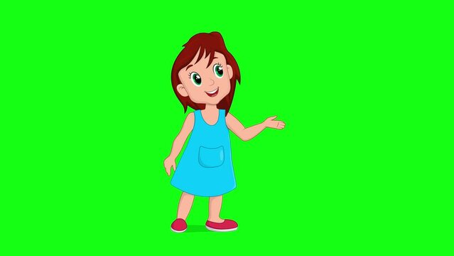 Cute little girl present something with their left hand cartoon 2d animation on green screen background