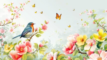 The background includes flowers, a bird, a butterfly, and an apple tree that is blooming.