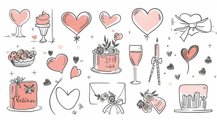 A hand-drawn collection of romantic invitations for a wedding, marriage, bridal, birthday, or Valentine's day. Isolated. Vector.