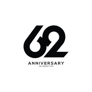 62, 62 Years Anniversary Logo, Golden Color, Vector Template Design element for birthday, invitation, wedding, jubilee and greeting card illustration.