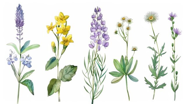 A set of watercolor drawings depicting herbs and flowers in modern format