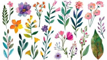 The original floral set is a modern illustration of leaves, flowers, and watercolor drawings. It can be used for invitations, wedding cards, or other cards of any kind.