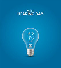 World Hearing day, bulb with ear, hearing day design for social media banner, poster 3D Illustration.