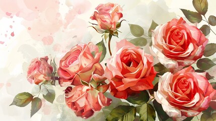 Rose bouquet, watercolor, can be used as a greeting card, invitation card for a wedding, birthday, or as a summer background.