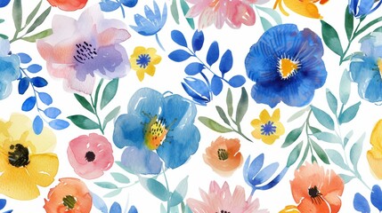 The background is made up of watercolor flowers in a seamless pattern