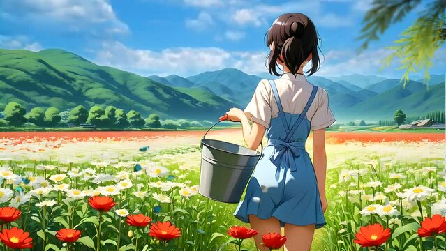 A girl carrying basket for harvesting flowers. Seamless looping time-lapse 4k video animation background