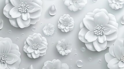 The background is decorated with white round flowers and drops in a 3D style.