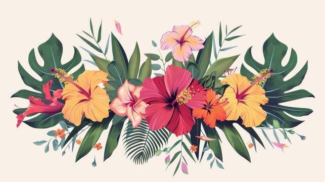 The modern bouquet has tropical flowers, with hibiscus, palm, bird of paradise, inspiring modern illustrations in retro Hawaiian style. Editable graphic elements.