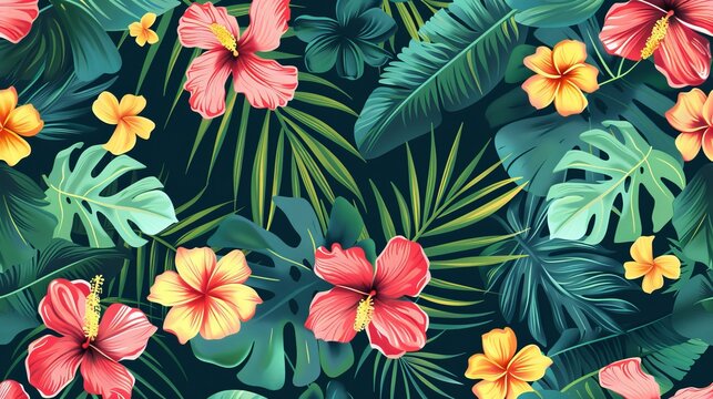 Seamless tropical pattern with palm leaves and flowers. Modern illustration.