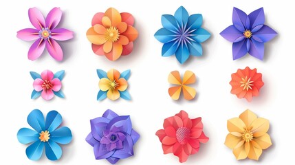 Set of modern paper flowers illustration. Isolated on white background. 3D origami abstract flower icons. This style is ideal for banners, posters, promotions, web sites, online shopping, and