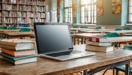 mockup image of laptop with blank transparent screen, on the table by the notebooks and textbooks in a cozy school classroom environment furnishings. Ideal for educational school and university websit