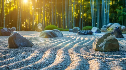 Tuinposter Tranquil Zen Garden: Serene Sand Patterns and Stones at Dawn © Tessa