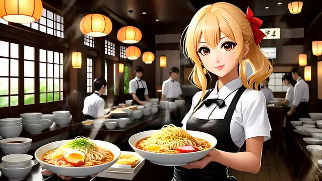 Female waitress serving ramen in the restaurant. Seamless looping time-lapse 4k video animation background
