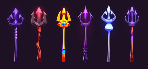 Poseidon or Neptune magic trident for game ui design. Cartoon vector illustration set of fantasy pitchfork made of wood and metal decorated with gem stones. Mythology nautical trishul weapon.