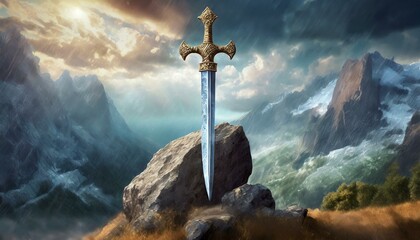 ship in the sea, Sword stuck in a rock like in the Excalibur legend , the mythical sword of king Arthur - obrazy, fototapety, plakaty