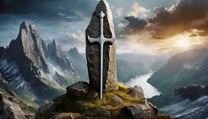 spaceship flying above the clouds, Sword stuck in a rock like in the Excalibur legend , the mythical sword of king Arthur - obrazy, fototapety, plakaty
