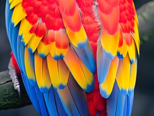 Fototapeta premium Colorful of Scarlet macaw bird's feathers with red yellow orange and blue shades, exotic nature background and texture