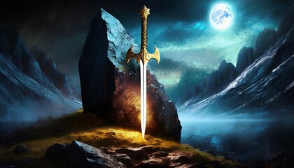 person in the night, Sword stuck in a rock like in the Excalibur legend , the mythical sword of king Arthur - obrazy, fototapety, plakaty