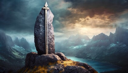 sailing in the morning, Sword stuck in a rock like in the Excalibur legend , the mythical sword of king Arthur