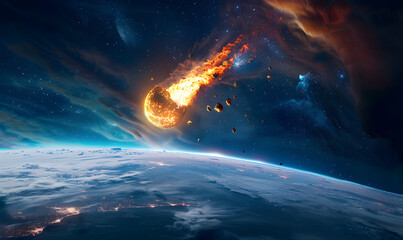 Meteor approaching Earth in space, the meteorite is approaching the planet, Generative AI 