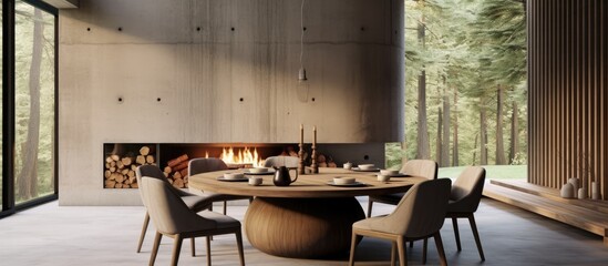 A dining room in a house with a round hardwood table, chairs, and a fireplace. The room is elegantly furnished with wood furniture and art