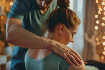 Masseur doing back massage for young woman using Tapotement technique to relieve muscle tension - obrazy, fototapety, plakaty