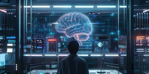 Scientist analyzing a holographic brain in a futuristic lab.