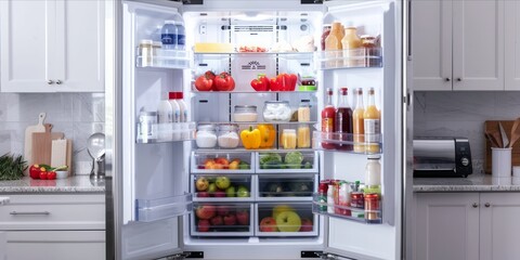 Open refrigerator filled with various food items