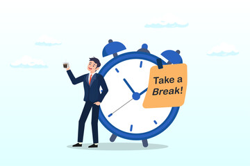 Relax businessman with a cup of coffee or tea with alarm clock, time to take a break, coffee break time to relax and refresh from long stress interval, free from bored, sleepy and fatigue (Vector)