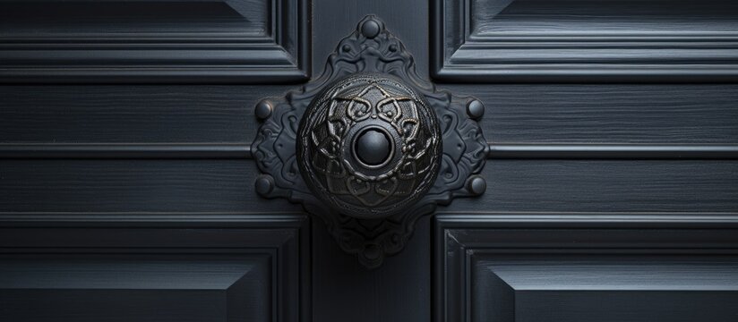 A close up of a grey metal door knocker on a black wooden door, showcasing the symmetry and pattern of the buildings molding. The darkness adds a mysterious touch to the home door