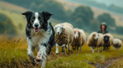 a cute border collie dog herding a flock of sheeps - obrazy, fototapety, plakaty