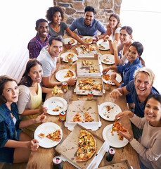 Group, friends and party with pizza, diversity and high angle for joy or celebration for youth....