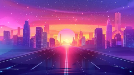 A modern city highway in the dawn light. Modern cartoon illustration of an urban road perspective, the sun rising in a pink and purple dawn sky with stars, buildings with offices and homes, a